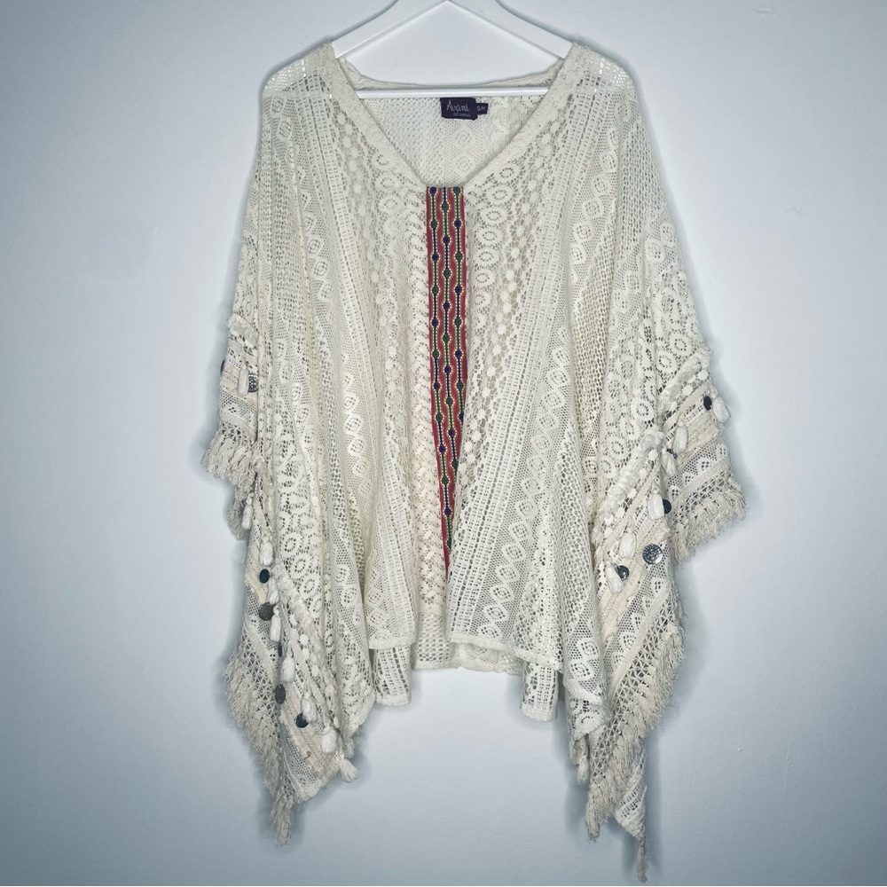 Avani Del Amour pullover Boho 100% Cotton crochet hippie Fringe poncho Size S/M - Picture 4 of 15